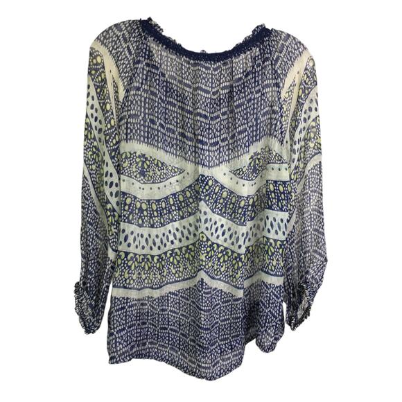 Gypsy 05 Top Blouse Womens L Blue Cream Dots 100% Silk Boho Long Sleeve - Picture 3 of 7